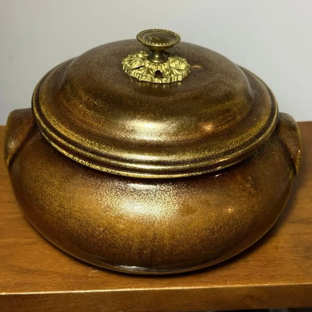 Vintage Georges Briard Signed 2qt Covered Casserole Dish Brown Gold Speckle USA